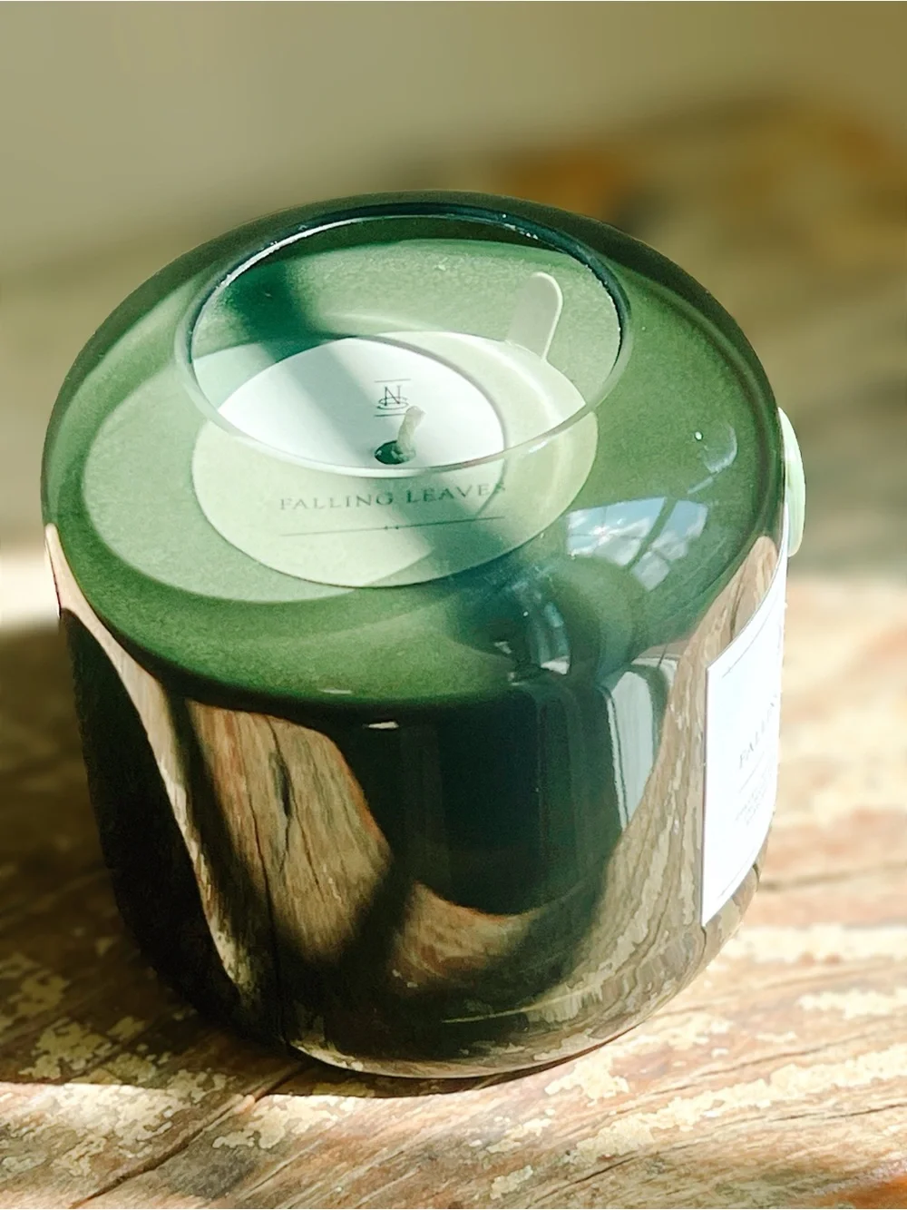 NEW Ninety Six Falling Leaves Candle 16 OZ Forest Green Glass Vessel